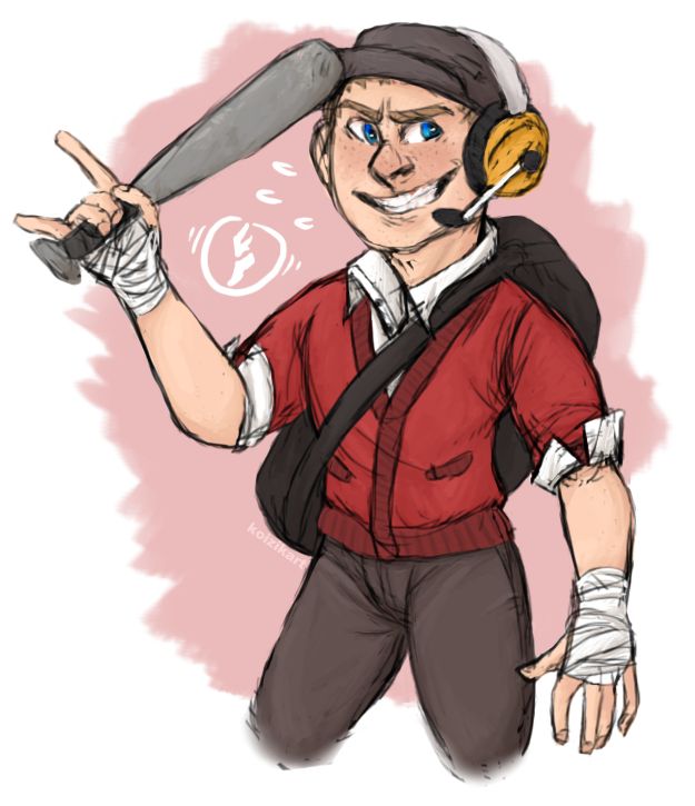digital art - fanart of the character Scout from the video game Team Fortress 2. he is standing upright, grinning and looking off to the side. he is holding a metal baseball bat, and using it to lift the brim of his hat.
