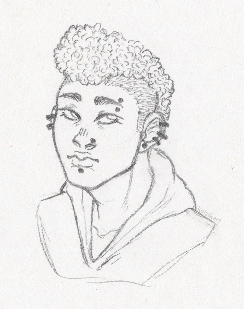 traditional art sketch featuring a character with many facial piercings and a coily-haired mohawk.