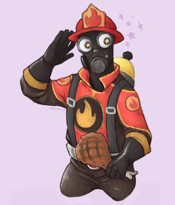 digital art - the character Pyro from the video game Team Fortress 2. they have been drawn like the Pyro from the game, but with a few specific accessories that are loadout items the commissioner has on Pyro in their game. they have a fireman's hat, large googly eyes, and a fireman's jacket. they are holding a hock of ham in their hand, and saluting/waving with the other hand.