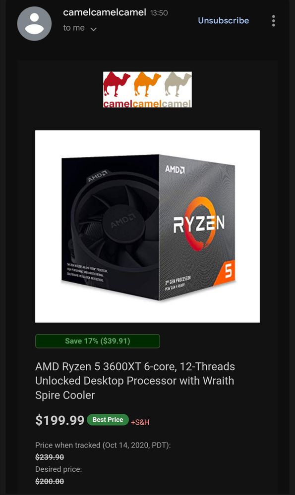 A screenshot of a CamelCamelCamel price drop alert for an AMD Ryzen 3600XT computer processor for $199.99, triggering an alert that I set up on Oct 14, 2020