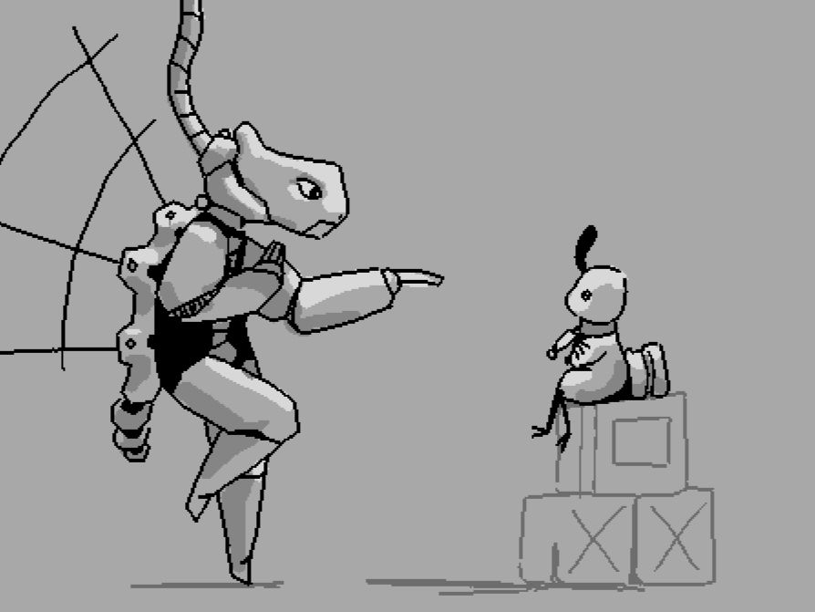 a large cyborg-like creature instructing a small sea-slug like creature with a can for a tail