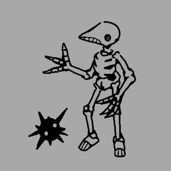 a humanoid birdlike skeleton creature standing next to a urchin with eye balls, b&w drawing using 4 pixel wide pixel perfect pen