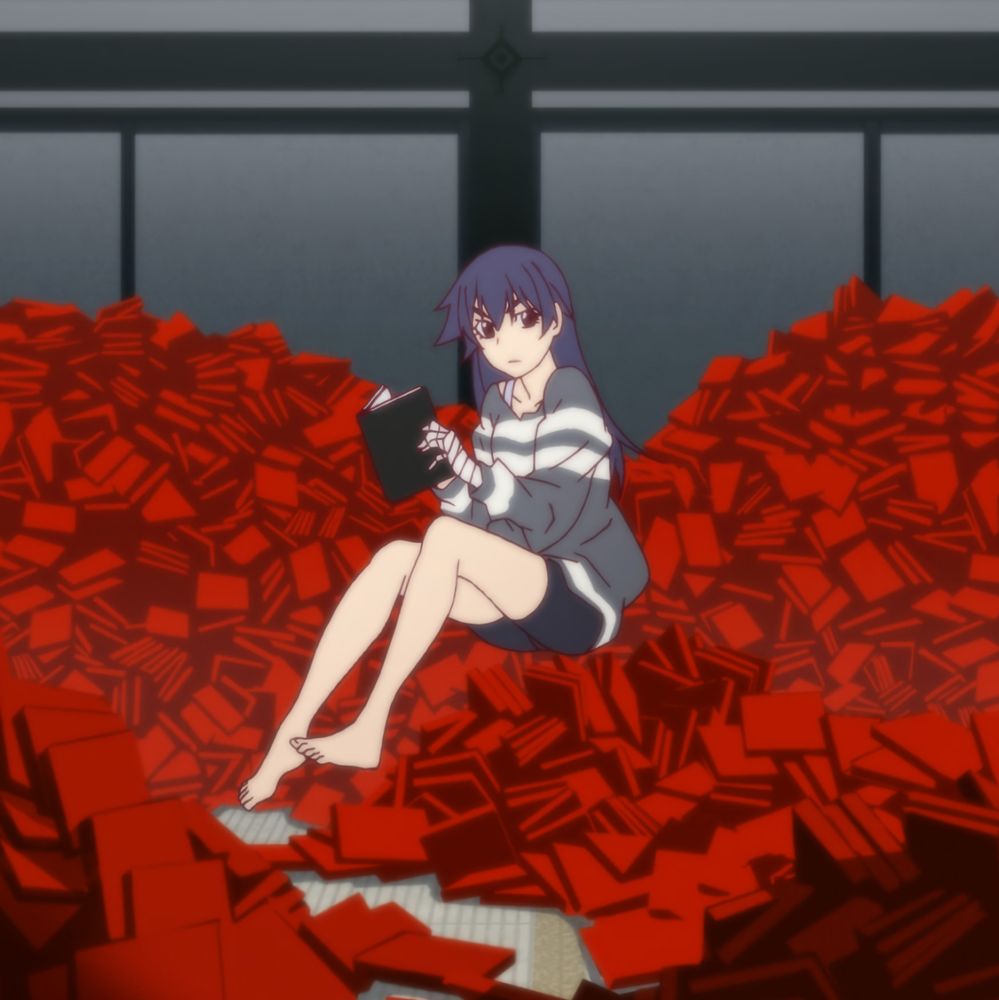 A cropped screenshot from Hanamonogatari, showing Kanbaru Suruga holding an open book, sitting atop a mountain of red books strewn around her bedroom. She still has long hair, and is wearing a striped off-shoulder sweater, under which bra stripes can be seen, and black shorts.