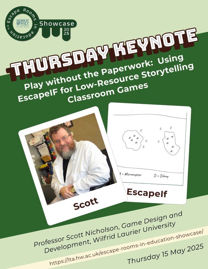 Green flyer advertising the wonderful Thursday keynote. There is a photo of Scott in a white lab coat sitting in a busy office. He has a bushy beard, glasses and smiling. There is also an image depicting a pencil sketch of M and D letters for microraptor and dilong (all will become clear during the keynote).