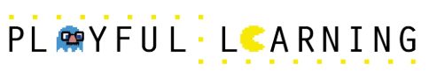 Playful Learning conference logo - with one letter represented as a pixelated video game character - blue with large pink nose and glasses and one as a pacman character.