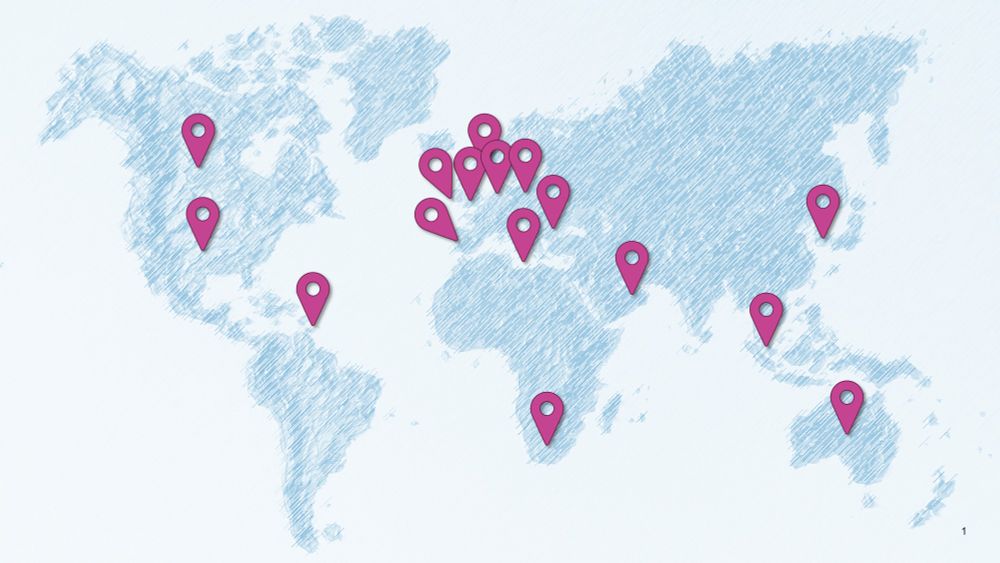 Map of the world with markers indicating Canada, the USA, the Caribbean, United Kingdom, Ireland, the Netherlands, Norway, Poland, Romania, Malta, South Africa, United Arab Emirates, Malaysia, South Korea and Australia.