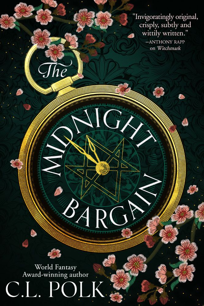 The book cover for The Midnight Bargain by C.L. Polk. There is a gold pocket watch with the hands at five minutes to midnight and some kind of wonky star on the face. There are no numbers on the watch. On the corners of the cover, around the watch, are bunches of small pink flowers with white edges.