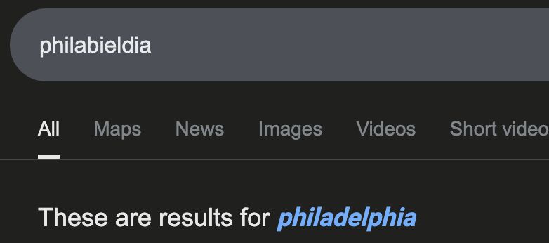 a screenshot of a google search for "philabieldia," the game of a continent in a new game from square enix. google returns "these are the results for philadelphia." 

philabieldia
