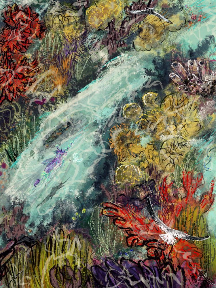 Vizon the portal unicorn swims through a colorful coral reef.