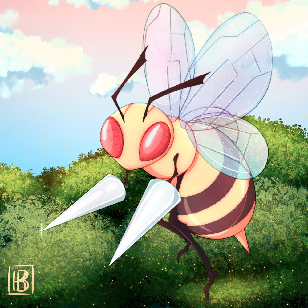 The Pokemon Beedrill is seen flying above a tree canopy, a multicolored sky in the background. 