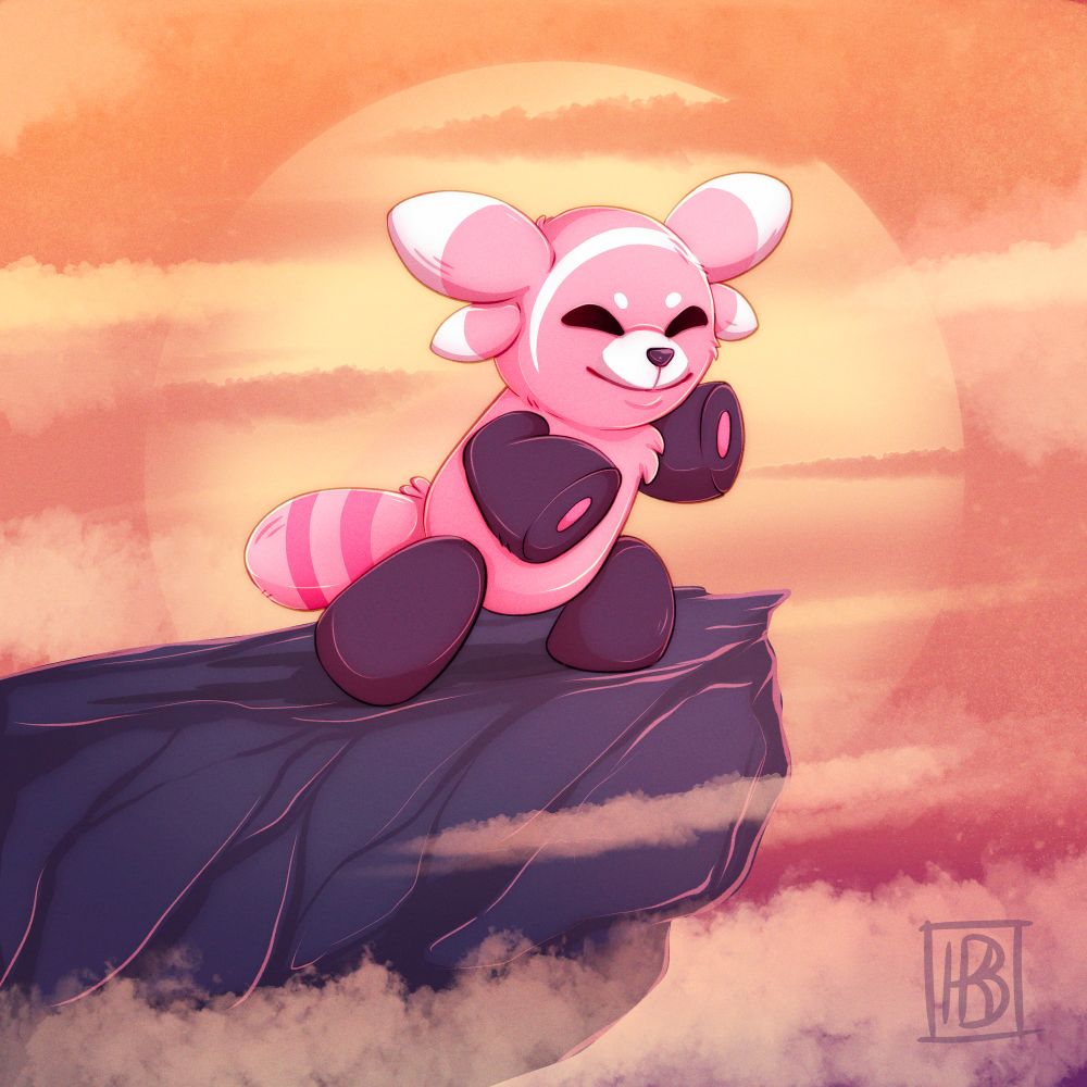 The Pokemon Stufful is standing on a cliff in front of an orangey-yellow sunset background, it is in a meditative pose.