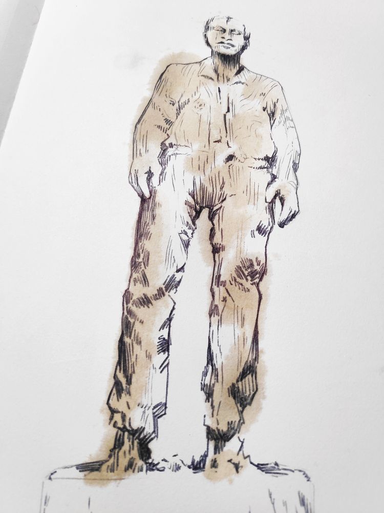 Croquis d'observation réalisé au stylo et café. Il représente la statue de l'Homme sur sa Bouée, de Stephan Balkenhol. 