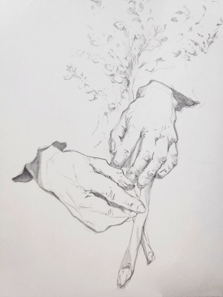 Croquis d'observation au crayon des mains de la statue Pâques au Buis, d'Auguste Carvin