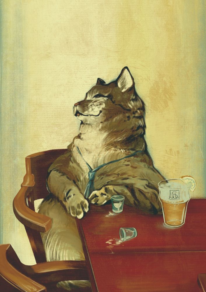 Portrait du chat Barbossa avec une cravate, accoudé à un comptoir de bar. 