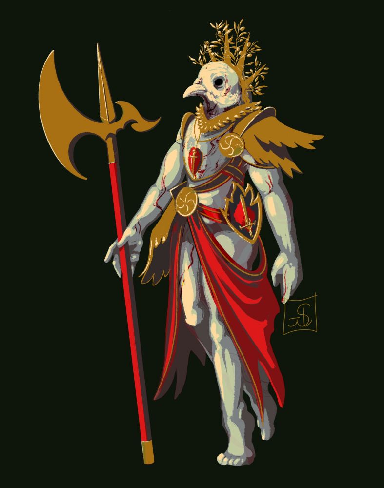 Un dessin réalisé sur tablette graphique, qui représente une statue ayant pris vie, qui marche, faite en marbre blanc veiné de rouge, et dont les accesoires et armes sont dans les teintes rouges et dorées. Son corps est humain, et sa tête celle d'une colombe, dont les yeux sont des trous. Elle arbore à la ceinture l'emblème de Tempus, dieu de la guerre dans le Panthéon de Faerun. (dnd) 