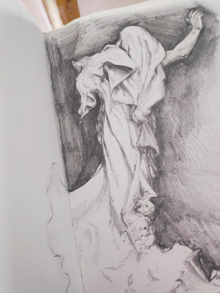 Croquis d'observation au crayon de la statue La Résurrection, d'Albert Roze. 