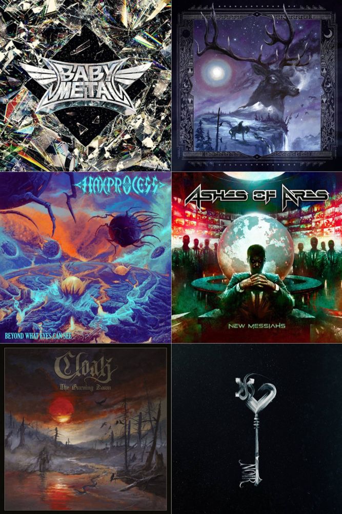 six album covers:  "metal forth" by babymetal, "blackbraid 3" by blackbraid, "beyond what eyes can see" by haxprocess, "new messiahs" by ashes of ares, "the burning dawn" by cloak, and "opus noir, vol 1" by lord of the lost