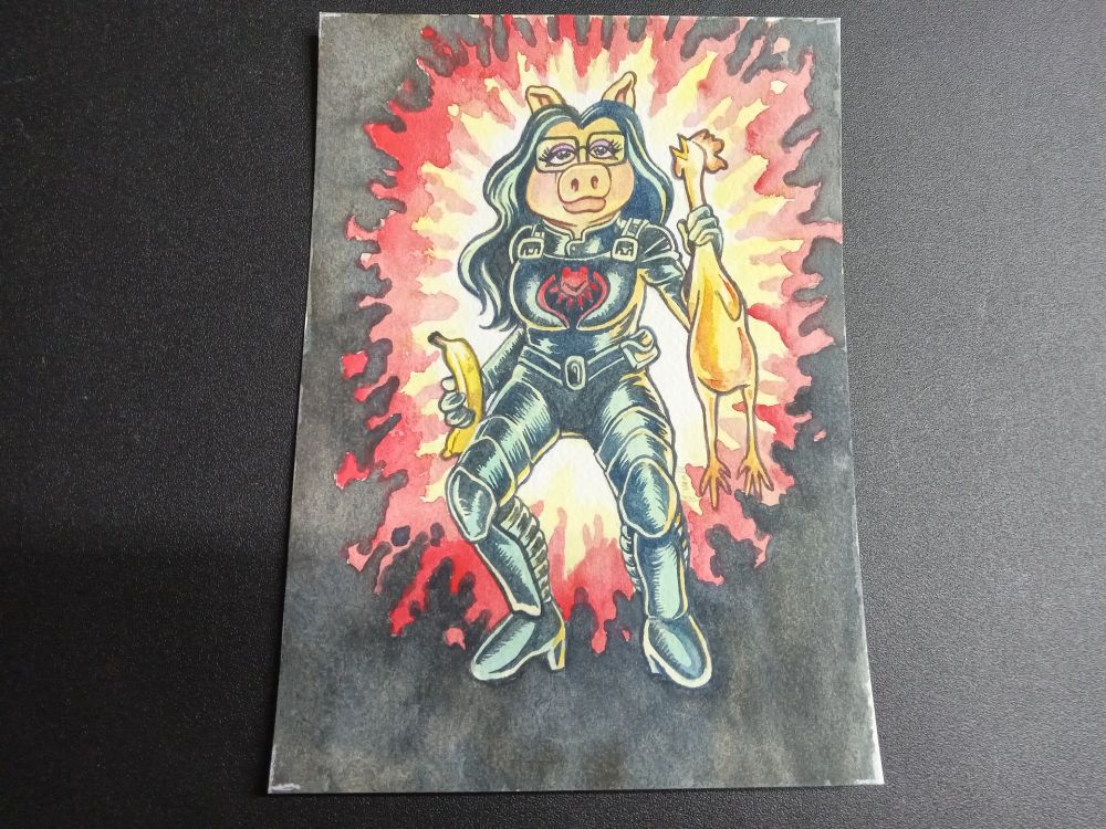 a small painting of miss piggy dressed as baroness from gi joe