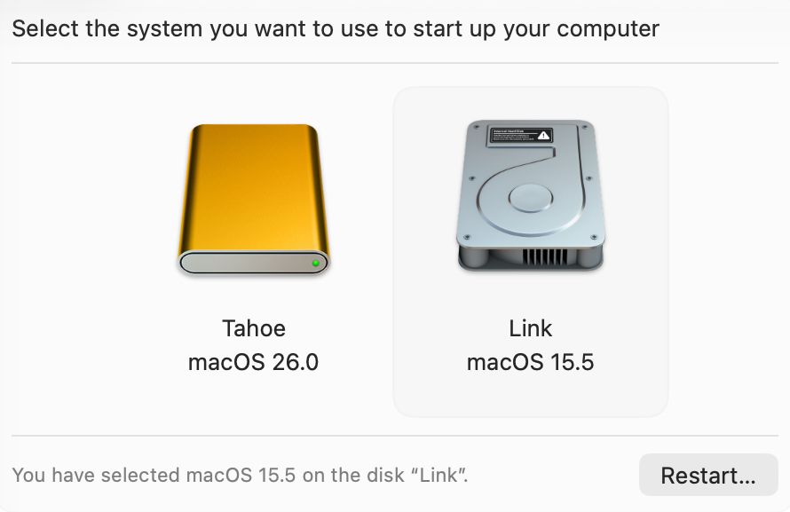 The startup disk selection screen in macOS 26 Tahoe beta 4. One disk is selected and one is not, but it's REALLY hard to tell which is which at a glance.