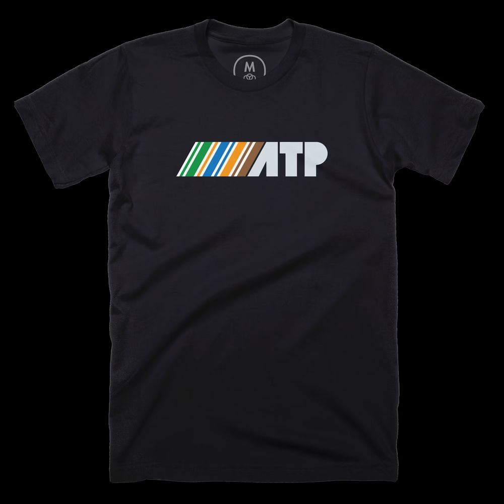 A black t-shirt with an ATP logo with the normal rainbow stripes replaced with the colors of the wires in an Ethernet cable according to the T568A spec: white/green stripe, green, white/orange stripe, blue, white/blue stripe, orange, white/brown stripe, brown.