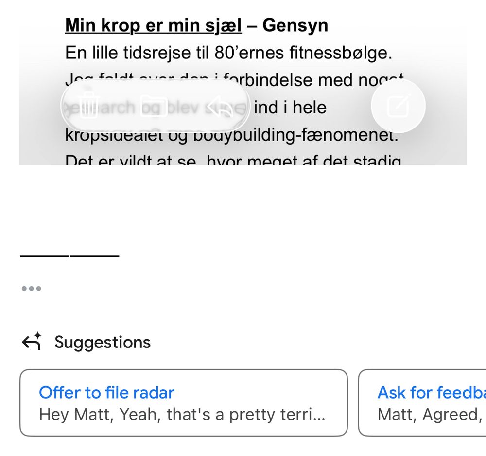 A screenshot of the Apple Mail app in iOS 26 showing some illegible controls. A suggested reply button on the bottom of the screen reads, “Offer to file radar”