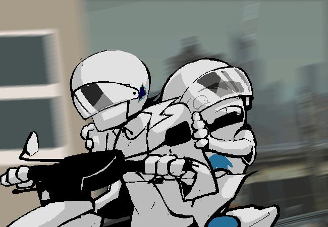 An adult and teen ride on a motorcylce in an urban environment in an image that has them facing to the left. The teen boy is screaming in a panic, facing away from the driver. Both people are wearing helmets.