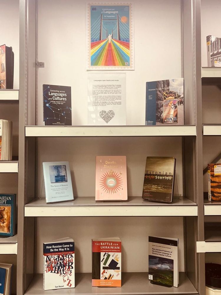 Display of books on the Ground Floor of the UCL School of Slavonic and East European Studies Library. A bay of bookshelves featuring a selection of titles on East European languages and language learning.