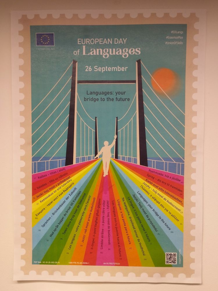 A printed poster advertising the European Day of Languages, 26 September 2025. The text reads: Languages: your bridge to the future, and the design features a person, depicted in white, walking across a colouful bridge, with the tagline "Languages: your bridge to the future" translated into a large range of different European languages.