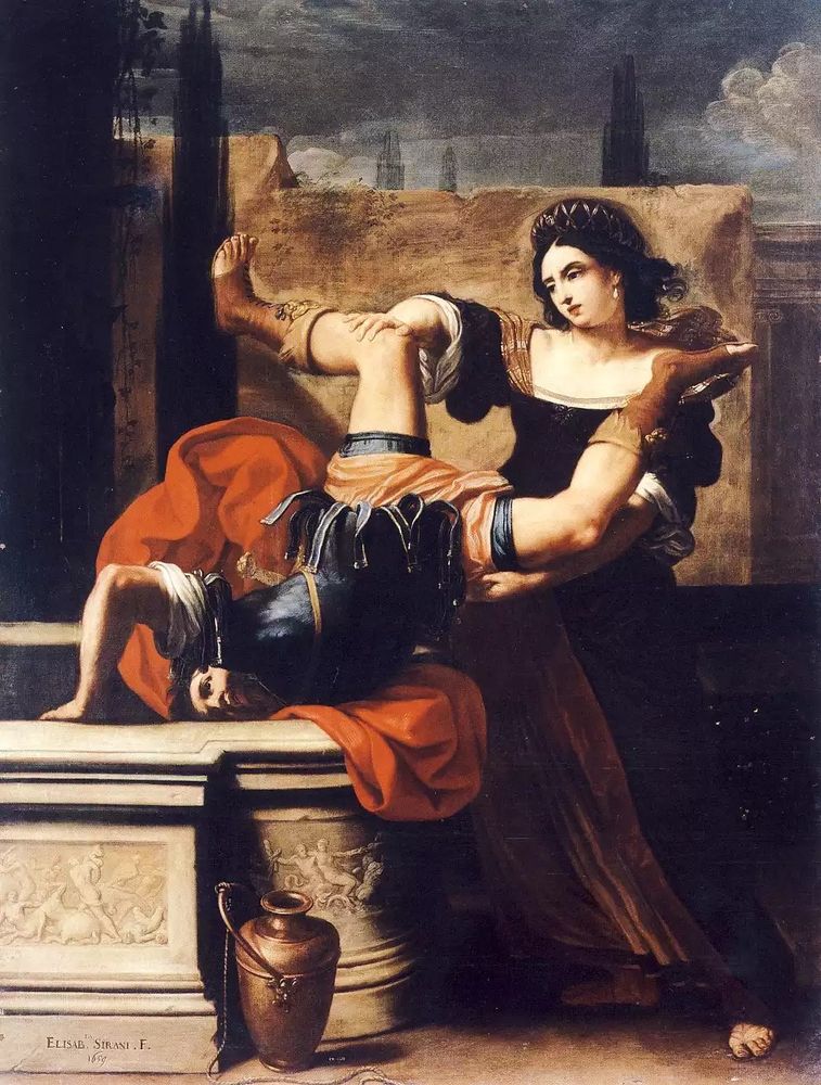 Elisabetta Sirani's Timoclea Killing Her Rapist
a woman shoves a man in a well