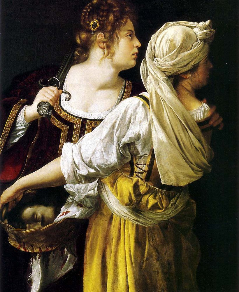 Artemisia Gentileschi's Judith and her maidservant 
a woman holds a sword while another holds the basket of a decapitated head 