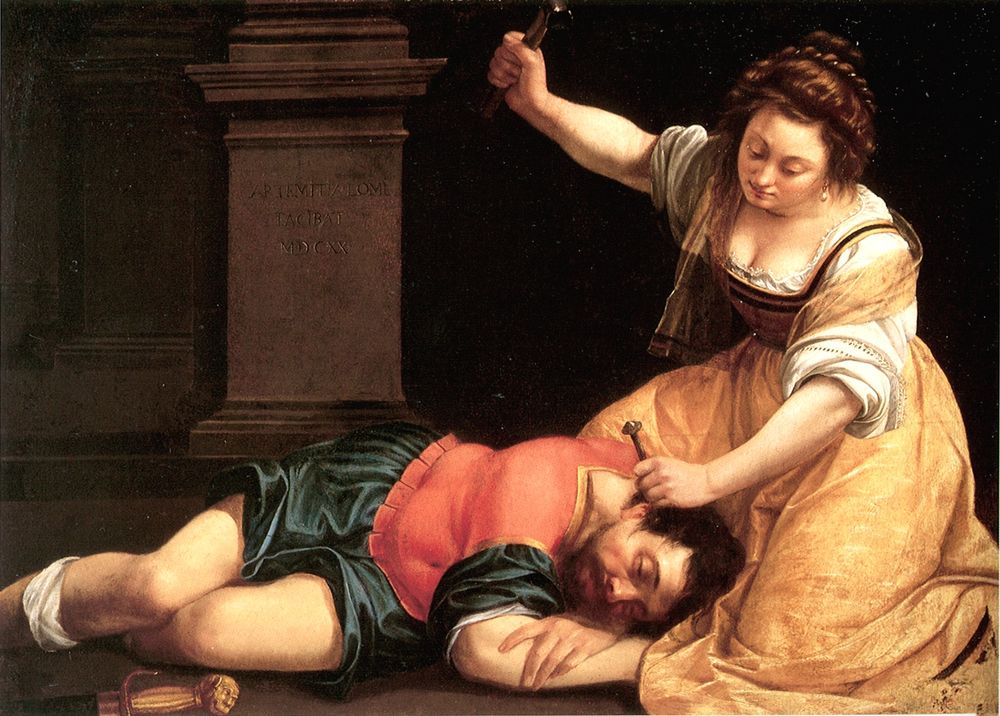 Artemisia Gentileschi's Jael and Sisera
a painting of a woman about to drive a tent peg into the head of man 