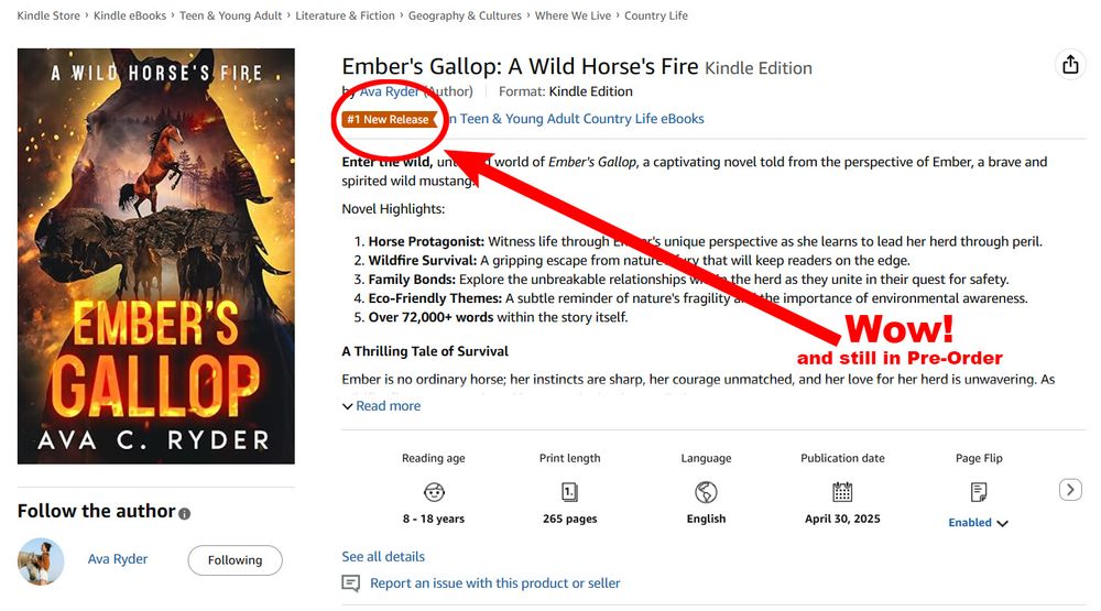 Screenshot of Ava's new book Ember's Gallop as a #1 New Release for Pre-Order in Teen & Young Adult Country Life eBooks on Amazon.com. Red arrow pointing to this achievement with a red circle.