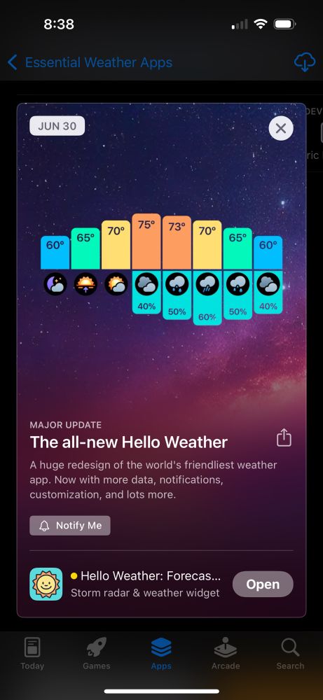 App Store screenshot: The all new Hello Weather is almost here. Launching on June 30