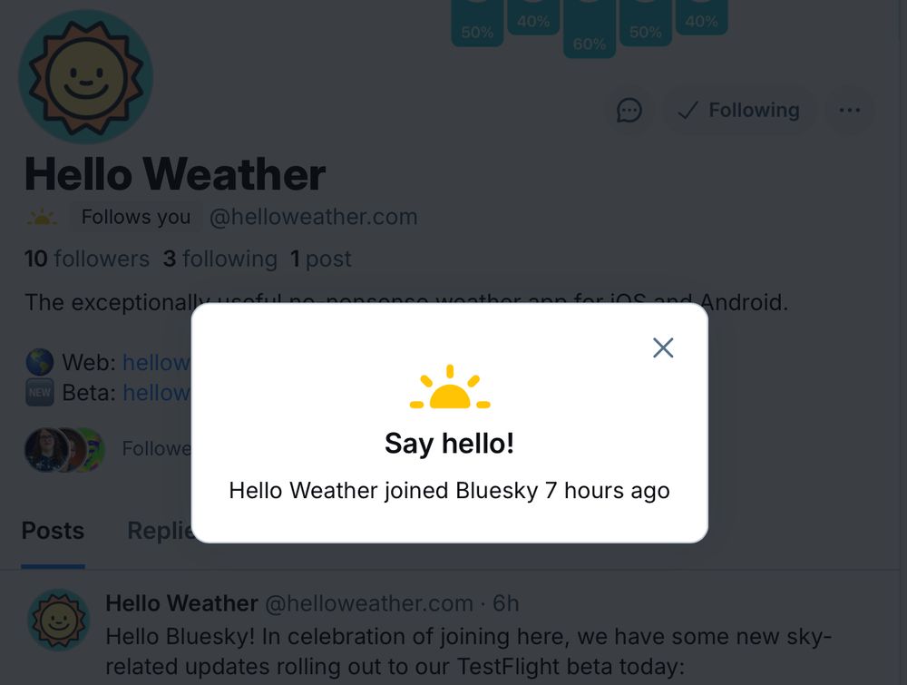 The Bluesky welcome screen that says "Say hello!" with a little sun icon