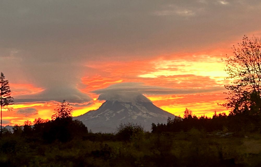 Mount Rainier at sunrise with prairie in the foreground 
