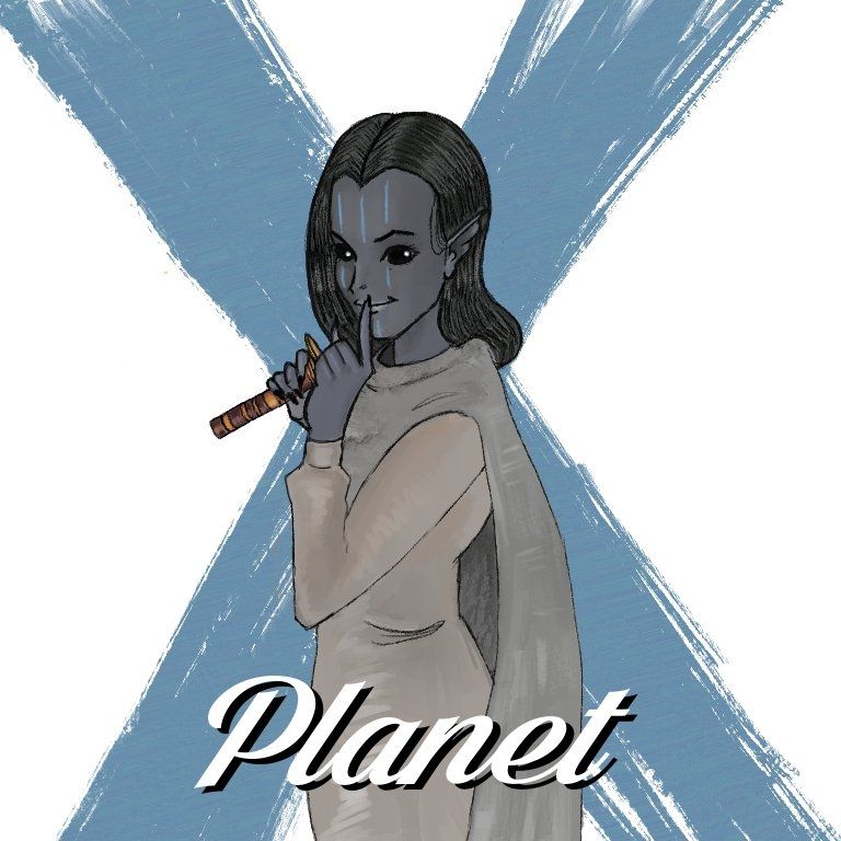 marda ro in the style of a24's poster for the film "pearl". in place of an axe, marda is holding kevmo's lightsaber, and in place of the title 'pearl' is the word 'planet'. the 'x' behind her evokes the blue paint the path of the open hand marks their faces with. her blue face markings run vertically down her face. 