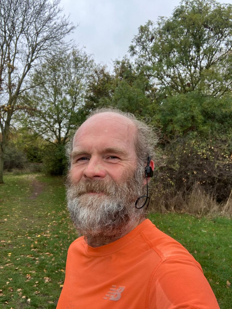 Bright orange sweaty beardy in the park, nearly home 