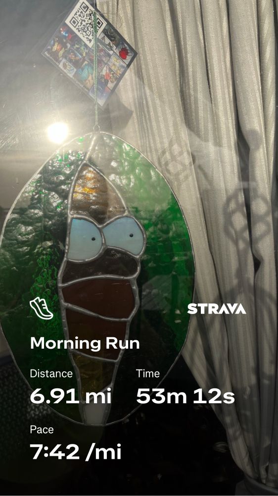 Homer Simpson glass hanger in the window of the local pub, overlaid with nerdy run stats 