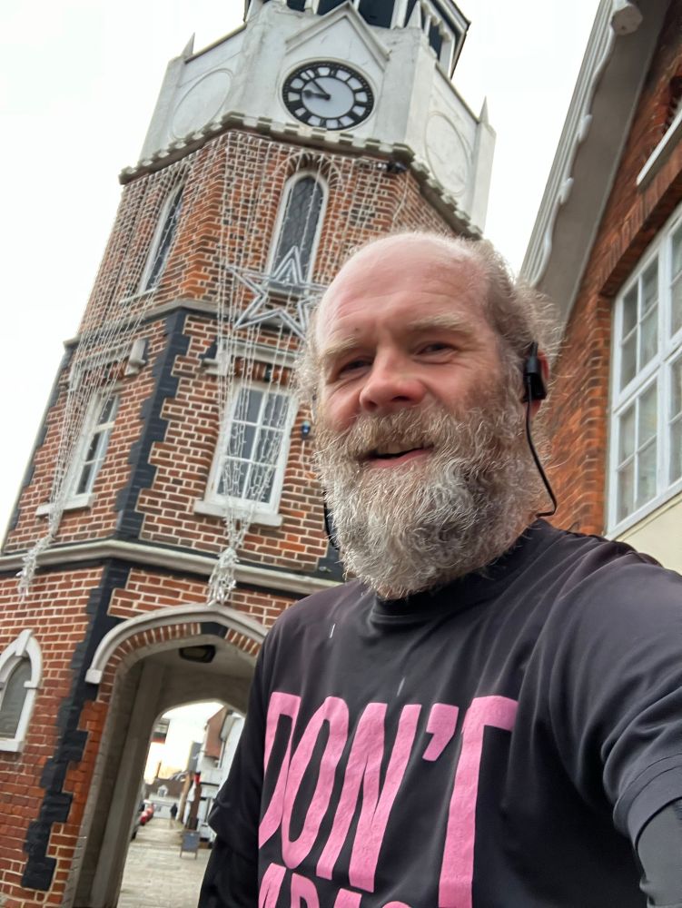 Sweaty beardy in the Don’t Harass Women top detouring via the clock tower for a change 