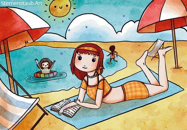 An illustration of a person relaxing on a beach towel, reading a book under a sunny sky. In the background, children play in the water, with colorful umbrellas providing shade. 