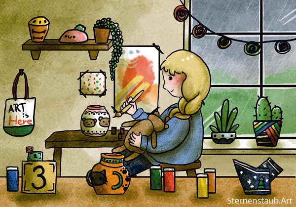 An illustration of a person painting a ceramic flower pot in a cozy art studio. They hold a brush and a plush bear, which is featured on the painted pot. The room includes potted plants, shelves with painted items, string lights, a rainy window, and a tote bag that reads "Art is Here."