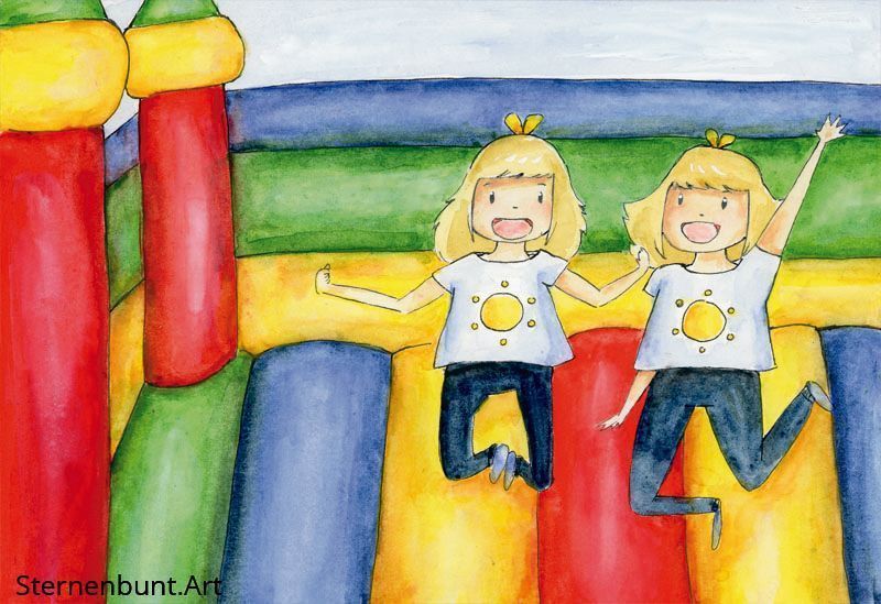 Two smiling children with blonde hair and matching T-shirts with a sun on it jump on a colorful bouncy castle. The inflatable structure has vibrant panels in red, yellow, blue, and green, with tall corner pillars. 