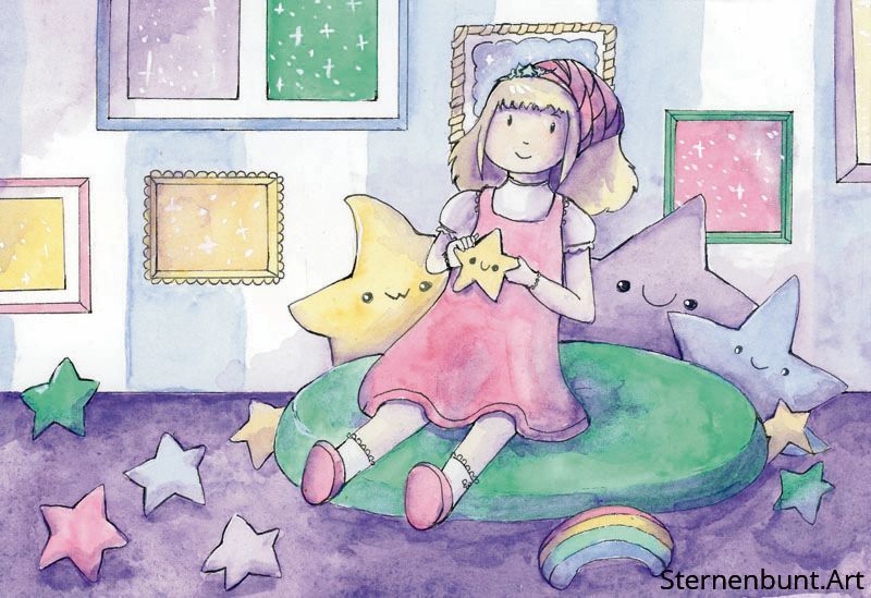 A blonde child wearing a pink dress and striped hat sits on a green cushion surrounded by smiling star-shaped pillows and pastel decor. A rainbow toy and framed starry art. Everything is in pastels.