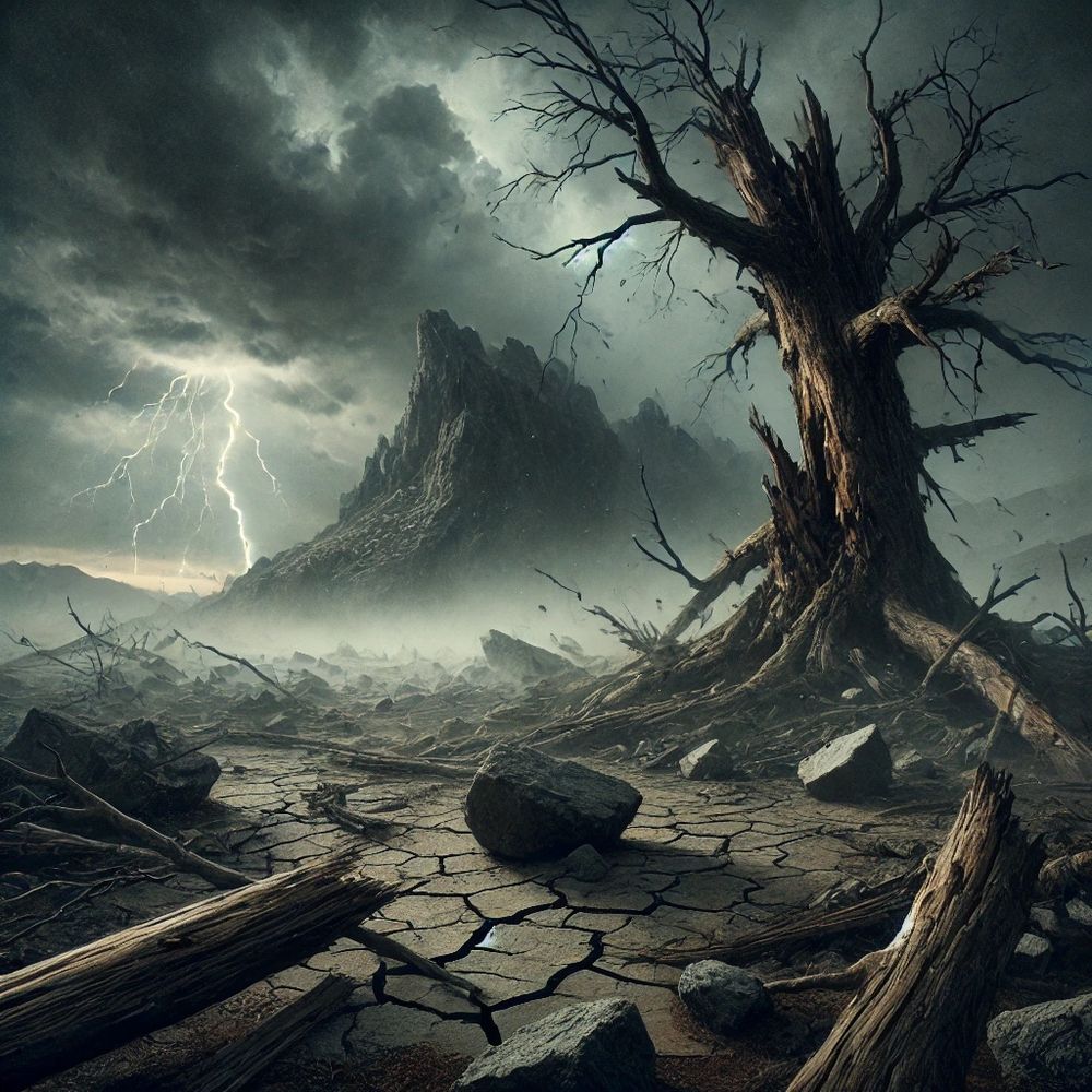 A storm-ravaged landscape stretches under a dark, cloud-filled sky. Lightning flashes in the distance, illuminating the destruction. A massive mountain in the background has partially collapsed, its rocky remains scattered across the barren ground. In the foreground, a large, ancient tree stands with its trunk rotting and its branches bare, symbolizing decay and past devastation. The cracked earth and misty air add to the eerie, melancholic atmosphere, evoking a sense of loss, reflection, and the weight of past failures.

Generated by AI