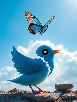 Broken Twitter bird with x-ed out eyes. Butterfly emerging from the wreckage. 