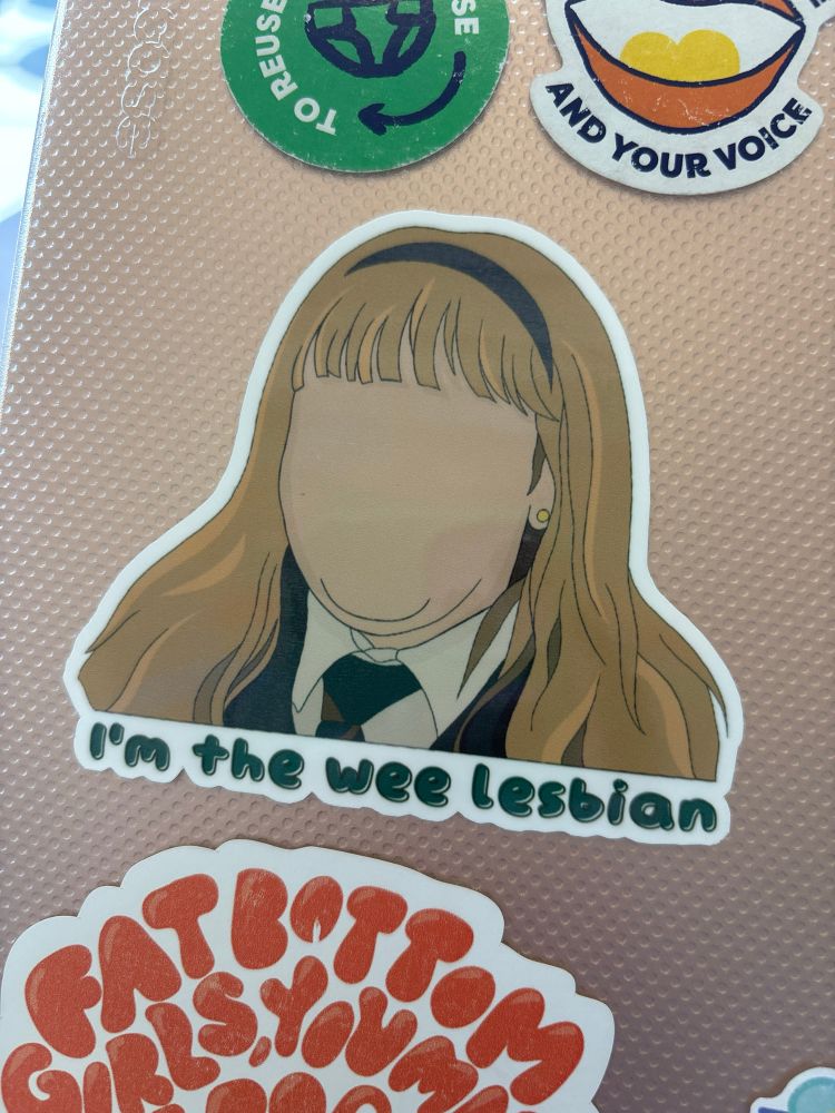 A laptop sticker which shows a silhouette of Clare from Derry Girls with the words ‘I’m the wee lesbian’