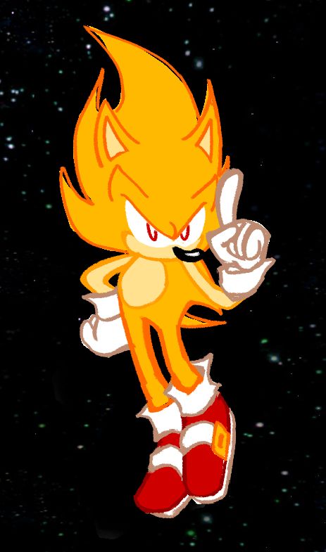 A messy sketch of Super Sonic,  his colours are leaning more onto warmer orange tones instead of yellow.  He's got his right hand on his hip curled into a ball, while his left hand is pointed up wagging his index finger.