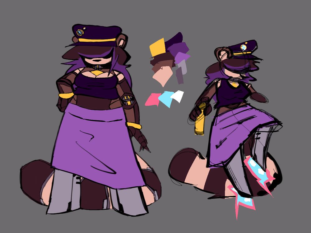 A front view angle of my fursona RAC-BOT, an anthropomorphic robotic raccoon.   She dons a dark purple cap with a golden band and two pins on it,  a crop top the same colour as its cap,  a long lavender skirt and golden bangles on its wrists.   Not pictured here is its fingerless gloves because I forgot them.

To the front view's right is a small posed doodle with her using the rockets in her forelegs to float in place,  she holds a yellow spraycan while looking vaugely downwards.

Inbetween the two drawings is the colour palette used for her.