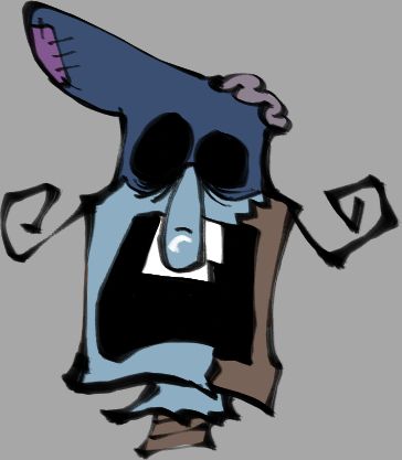 A stylized drawing with a rough ink brush of The Doise (from Pizza Tower)'s severed head, their skin blue with part of their mouth ripped off revealing mummified bone, the singular tooth inside chipped.

Their mask/hat is a deeper shade of blue than usual with a pink patch on its left, while the right of the hat is ripped open revealing what can only be assumed to be their brains.  Their eyes are pitch black, seemingly having been ripped out of their sockets, leaving empty holes behind. 