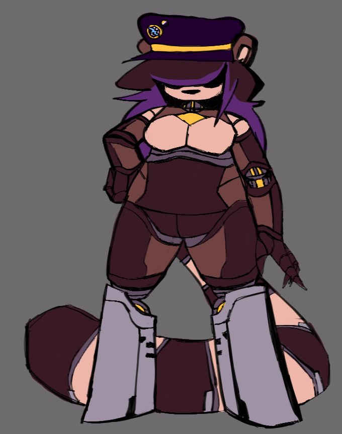 The same front view drawing as before but without any clothes (except the hat),  showing off her robotic body,  It's coloured in shades of brown and tan with purple highlights on its hair.

Its forelegs and several visible joints are shades of dark dirty lavender.